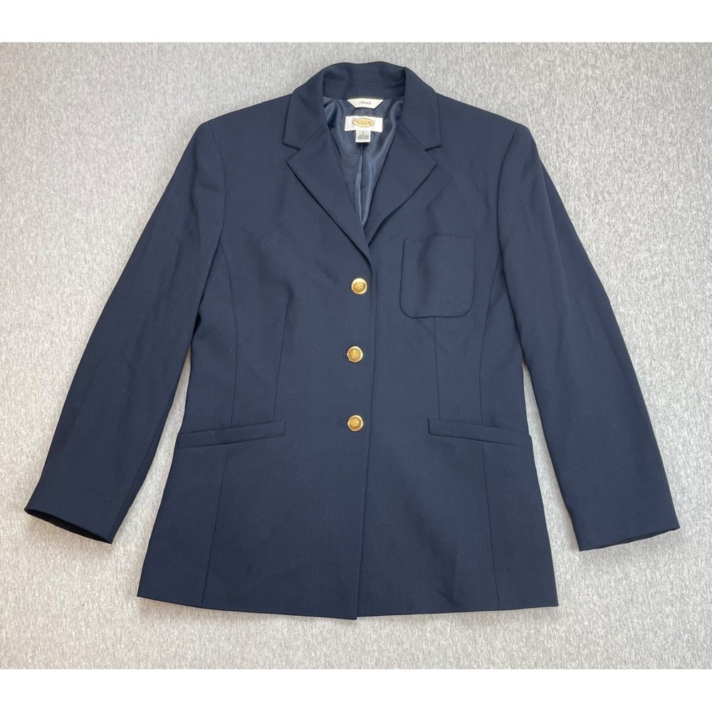 Talbots Blazer Womens 6 Navy Blue Wool Blend Stretch 3-Button Gold Single Breast